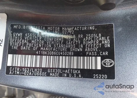 2012 Toyota Avalon z USA, uszkodzony, nr VIN 4T1BK3DB6CU450289